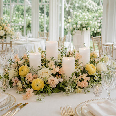 Elegant wedding table centerpiece with candles, pastel flowers, and glassware