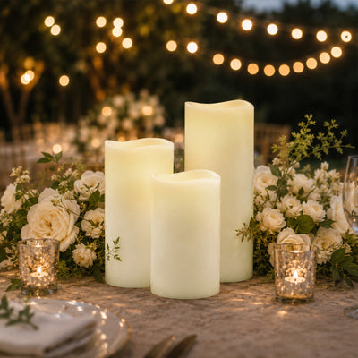 Elegant candlelit floral table centerpiece with string lights for an outdoor wedding
