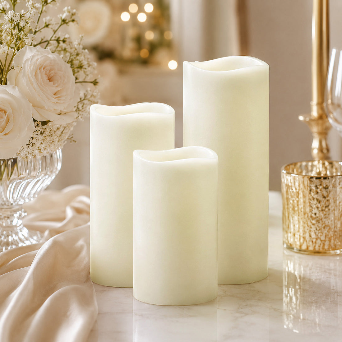 Elegant LED flameless candles on a luxury wedding table setting