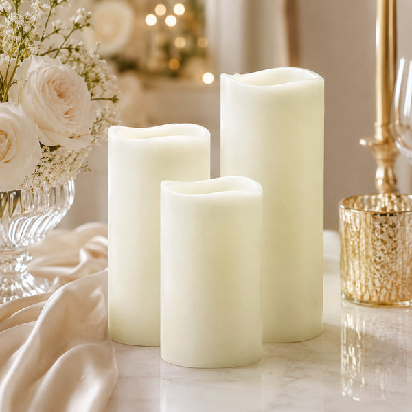 Elegant LED flameless candles on a luxury wedding table setting