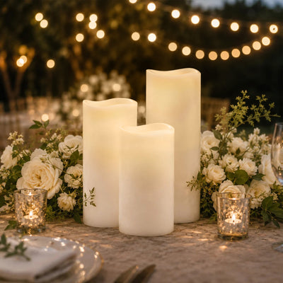 Elegant candlelit wedding table centerpiece with white flowers and string lights