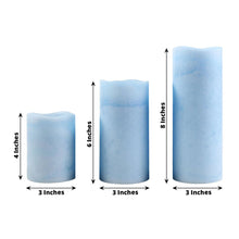 Set of 3 Flameless Blue LED Remote Operated Battery Powered Pillar Candles 4 Inch 6 Inch 8 Inch