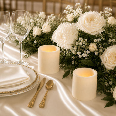 Elegant white floral wedding table setting with gold accents and candles