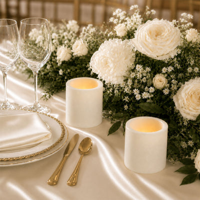 Elegant white and gold wedding table setting with floral centerpiece and candles