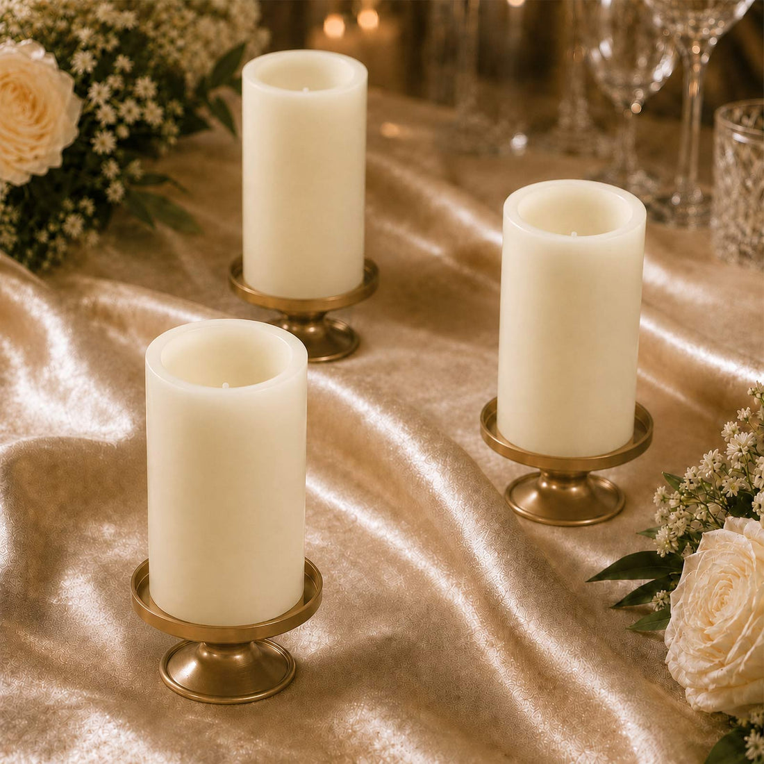 Elegant ivory pillar candles on gold holders with floral wedding table decor