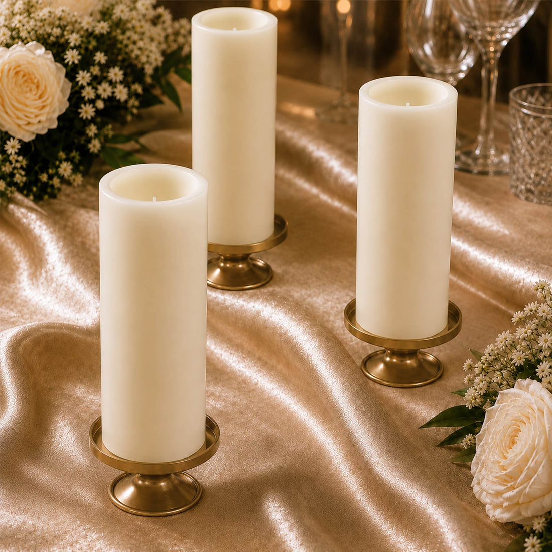Elegant white pillar candles on gold holders with floral wedding decor