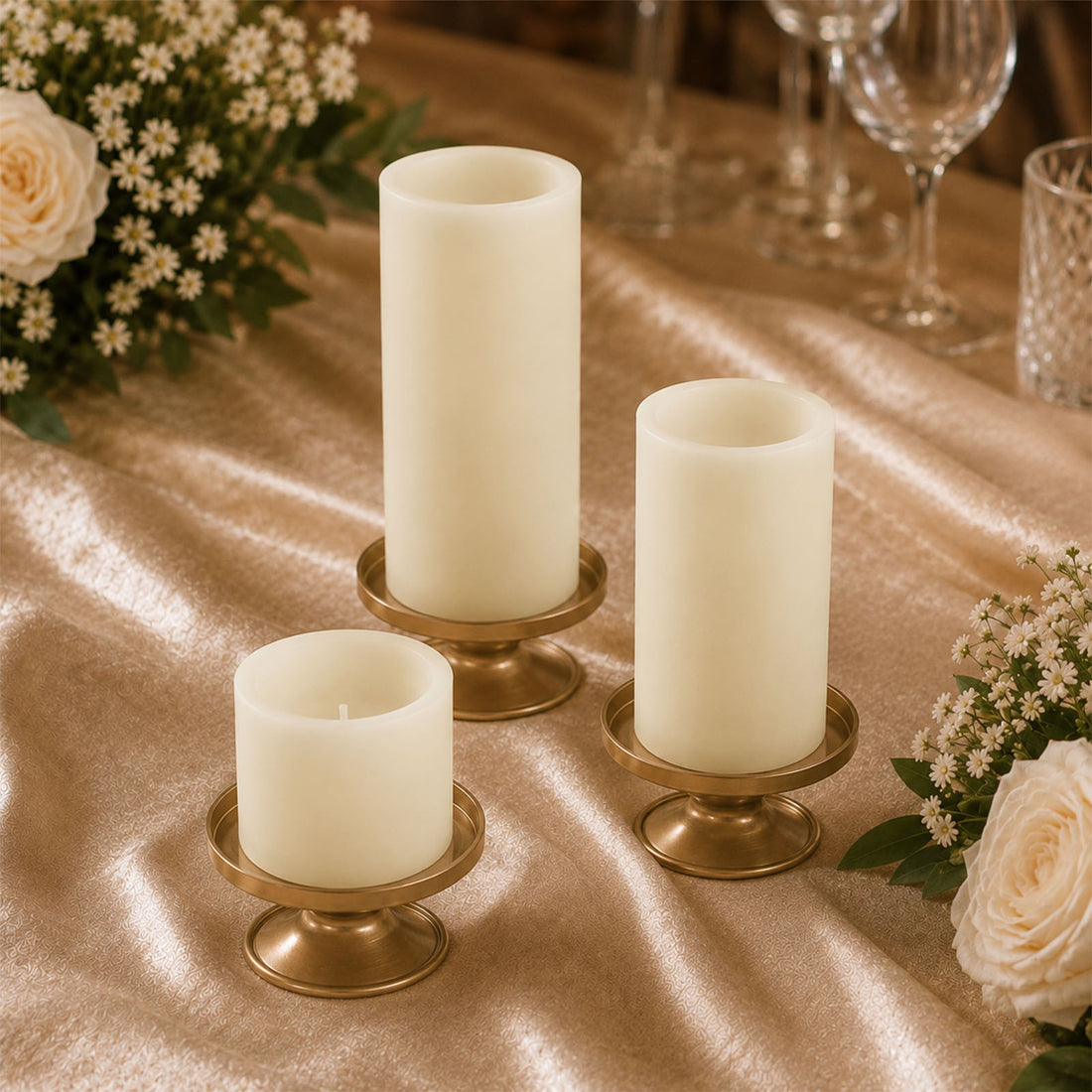Elegant ivory pillar candles on gold holders with floral wedding table decor
