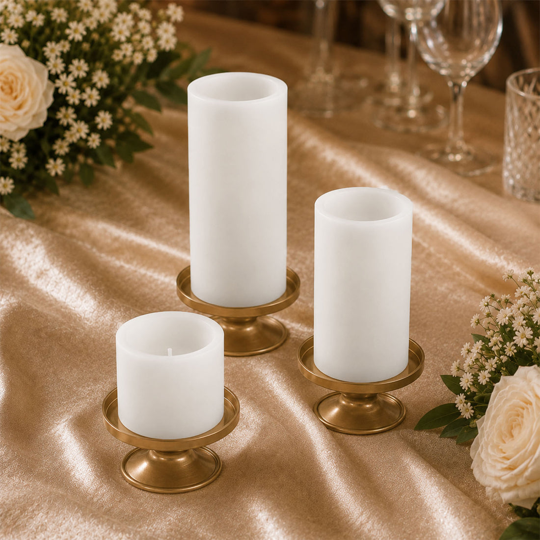 Gold candle holders with white pillar candles on a floral wedding table setting