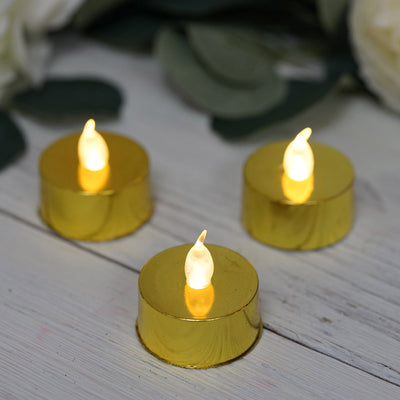 Three gold LED tealight candles with flickering flames.