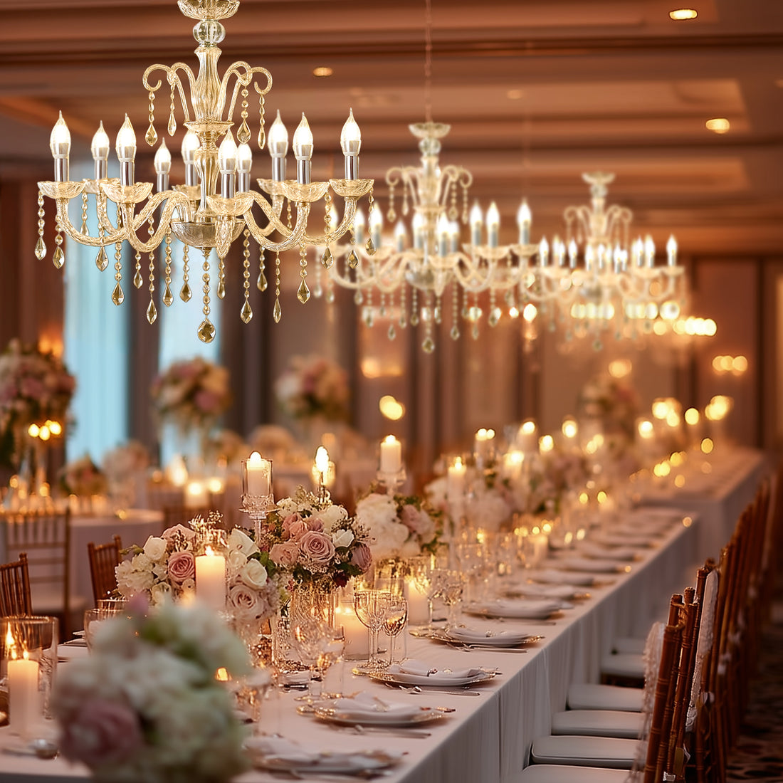 Elegant chandelier lighting over a beautifully arranged dining table in a luxurious setting.