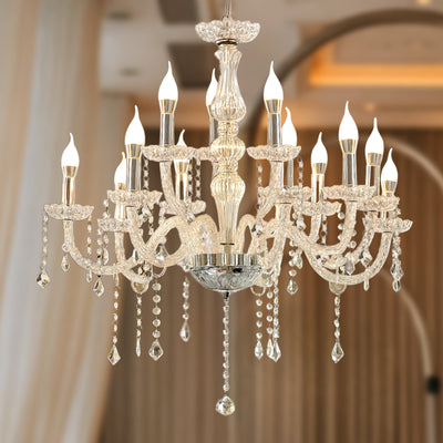 Crystal Chandelier with 15 LED Candle Bulbs – Silver 2-Tier Acrylic Ceiling Light Fixture with Illuminated Upper and Lower Layers for Dining Room or Entryway – 2.5ft