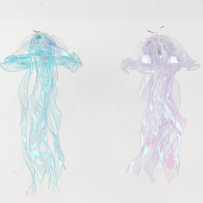 Colorful jellyfish decorations in blue and purple on a white background.