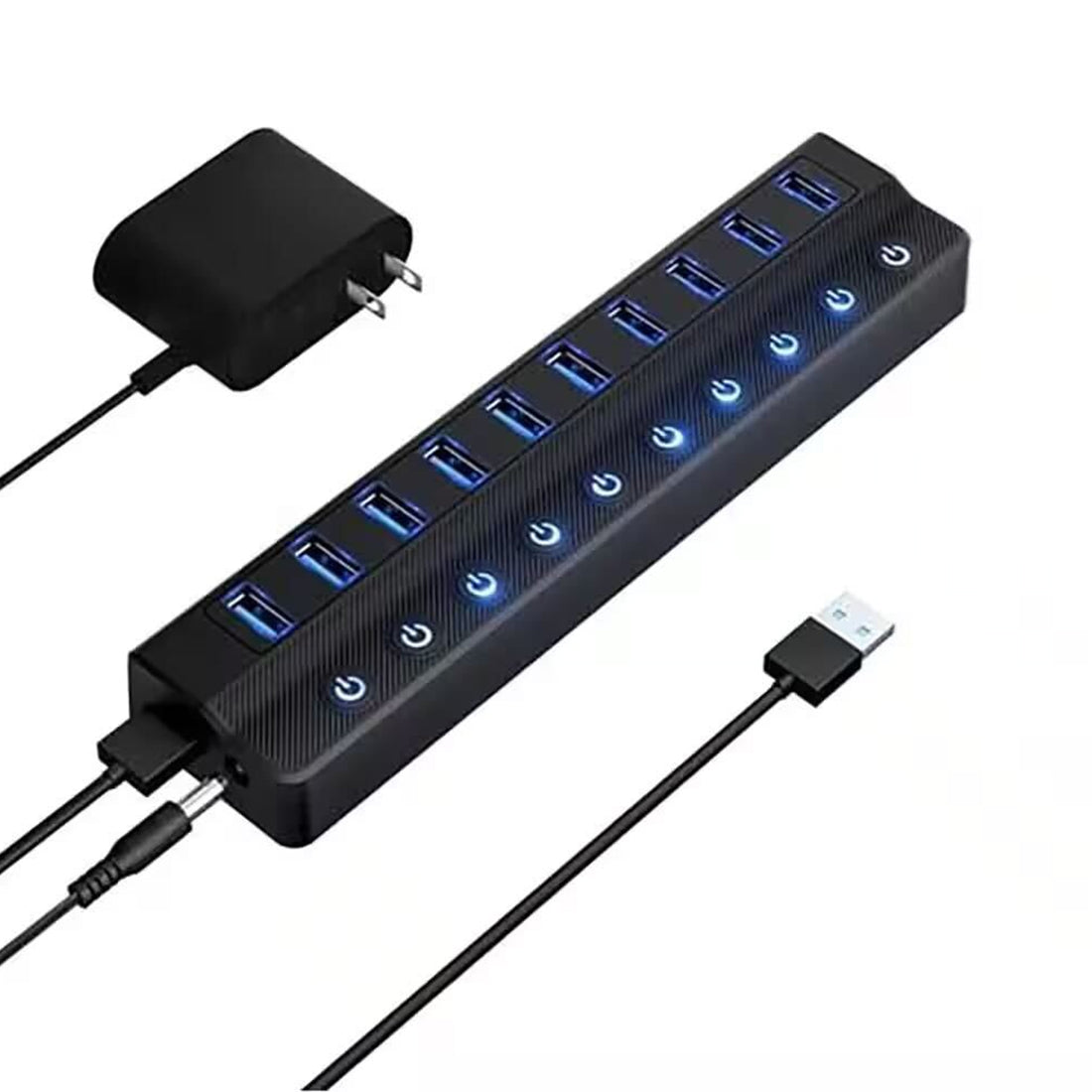 USB hub with 10 ports and LED indicators, featuring a power adapter.