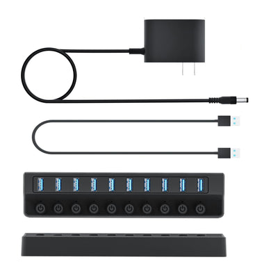 Black USB 3.0 hub with 10 ports and power adapter on white background