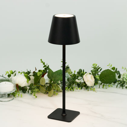 Heavy Duty Black Metal LED Table Lamp with Classic Empire Lampshade – Commercial Grade Cordless Rechargeable Desk Lamp, 3 Color Modes, Stepless Dimming, Touch Control, 15"