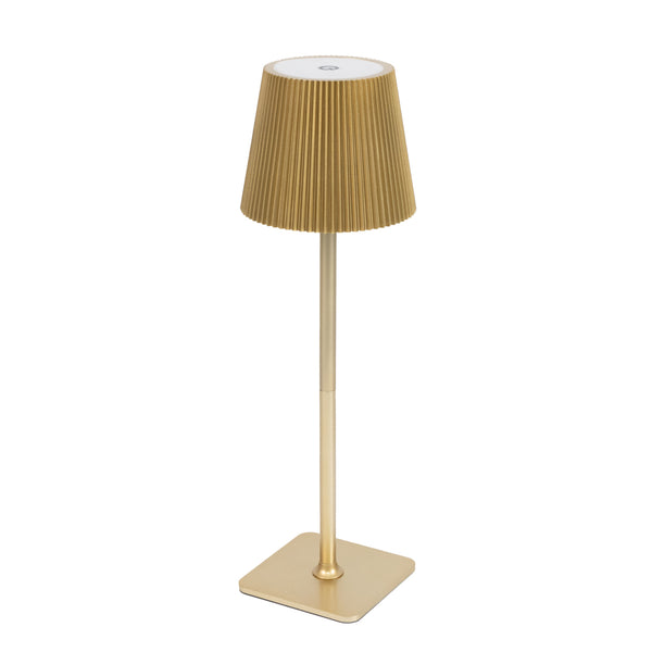 Gold pleated table lamp with a square base, showcasing a modern design. #whtbkgd