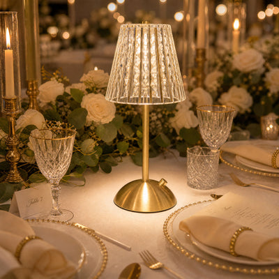 Gold Metal LED Table Lamp – 12" Modern Diamond Cut Clear Acrylic Shade, USB Rechargeable Cordless Touch Dimmable, 3 Color Modes