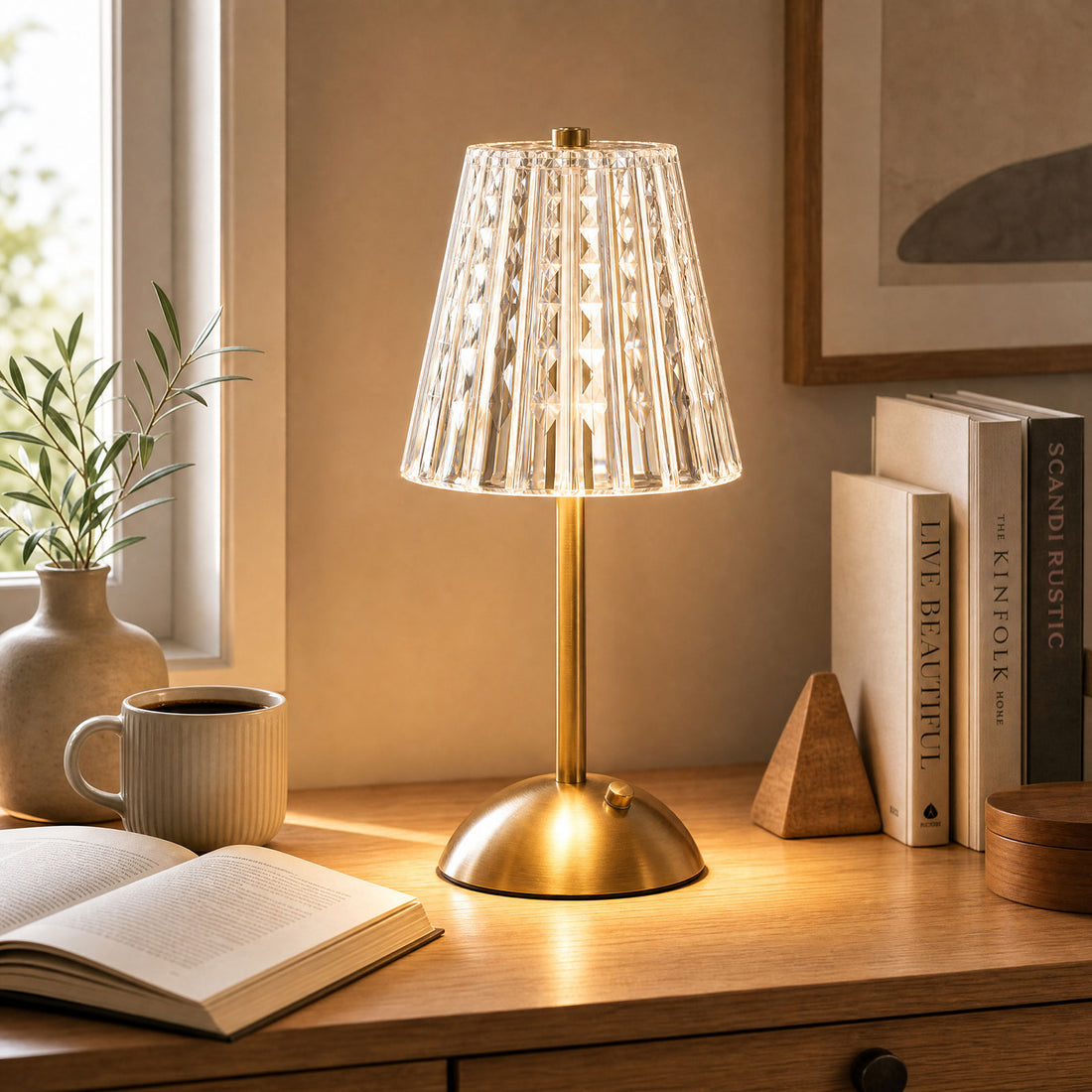 Brass crystal table lamp on wooden desk with books and coffee mug