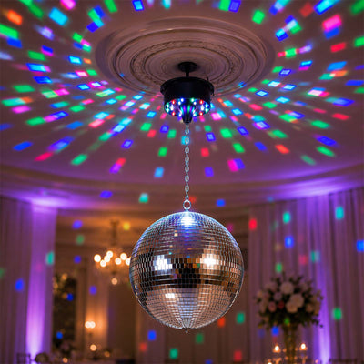 Disco ball with colorful ceiling light reflections in a party room