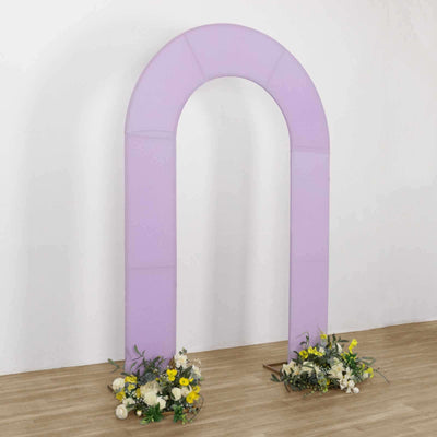 Purple arch with floral arrangements at the base, perfect for events and weddings.
