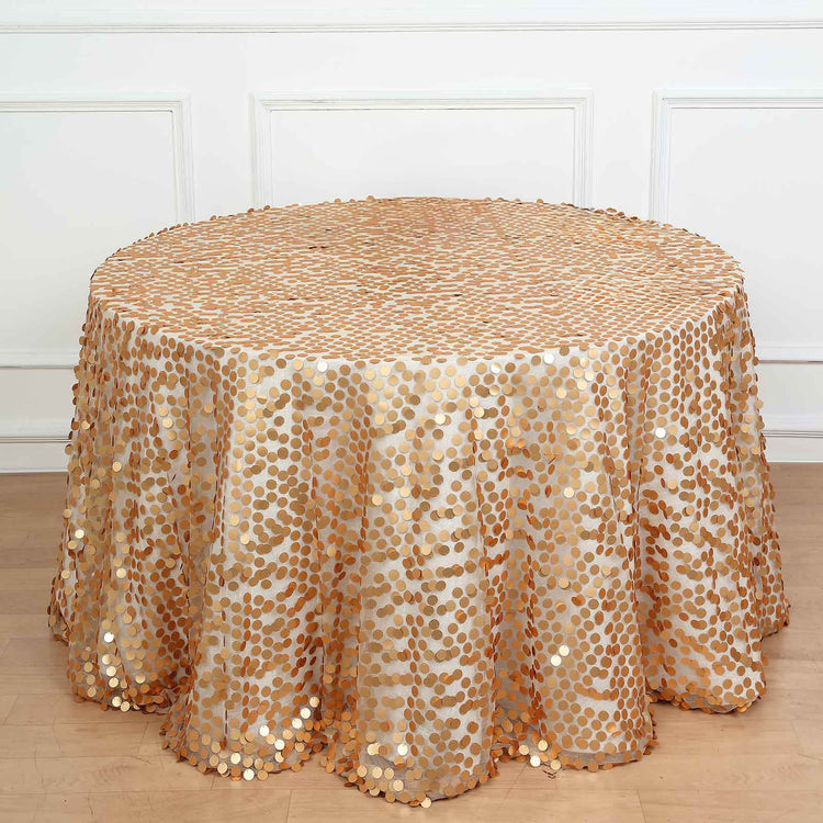 120 Inch Size Matte Champagne Round Tablecloth With Sequin On Mesh Base