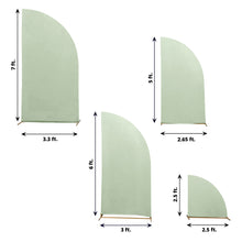 Four different sizes of Spandex Matte Sage Green Half Moon Backdrop Stand Covers