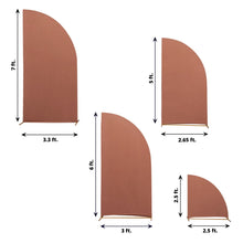 Arch Covers - Spandex, Matte Terracotta, Half Moon Shape Backdrop Stand Cover - Drawing showing the measurements of different sizes of arches