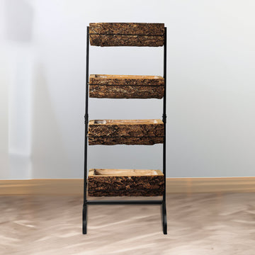 4-Tier Metal Ladder Plant Stand With Natural Wooden Log Planters 42"