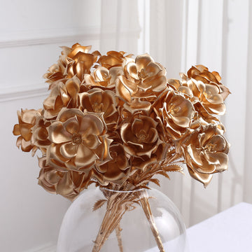 2 Pack | 17" Metallic Gold Artificial Rose Bloomed Flower Bouquet, Open Flower Floral Arrangement Holiday Decor