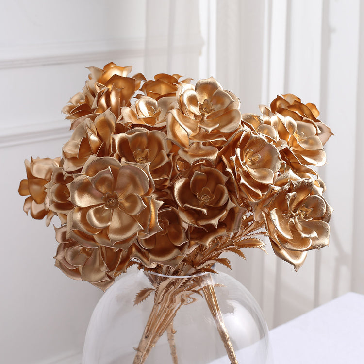 2 Pack | 17inch Metallic Gold Artificial Rose Bloomed Flower Bouquet, Open Flower Arrangement