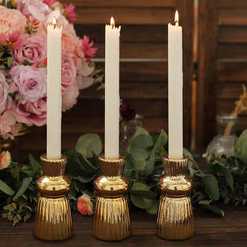 3 Pack Metallic Gold Fluted Ball Neck Ceramic Taper Candle Holders, Ribbed Candlestick Stands 5"