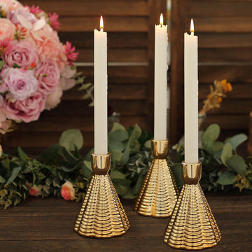 3 Pack Metallic Gold Ribbed Ceramic Taper Candle Holders, Cone Shaped Candlestick Stands 5"