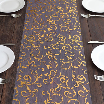 Metallic Gold Sheer Organza Table Runner With Embossed Foil Floral Design - 12"x108"