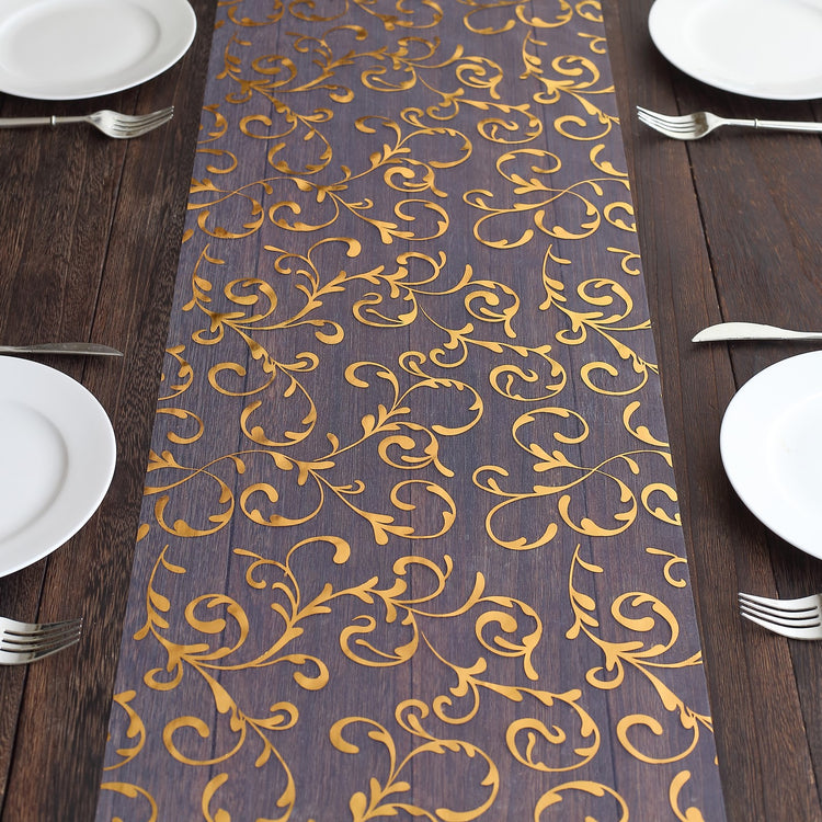 Metallic Gold Sheer Organza Table Runner With Embossed Foil Floral Design - 12x108inch