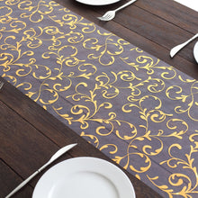 Metallic Gold Sheer Organza Table Runner With Embossed Foil Floral Design - 12x108inch