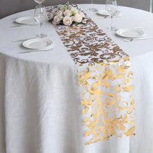 Metallic Gold Sheer Organza Table Runner With Swirl Foil Floral Design - 12x108inch