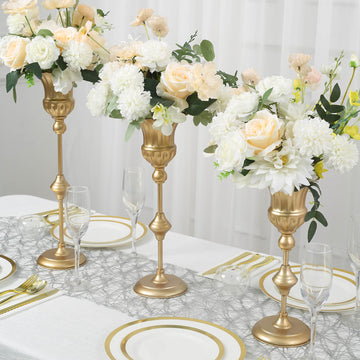 Set of 3 Metallic Gold Trumpet Flower Vase Centerpieces, Vintage Style Flute Table Decorative Stands 13",16",19"