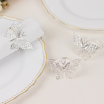 4 Pack Metallic Silver Laser Cut Butterfly Napkin Rings, Decorative Cloth Napkin Holders