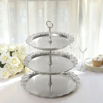 15" Metallic Silver 3-Tier Round Plastic Cupcake Display Tray Tower With Lace Cut Scalloped Edges, Decorative Dessert Stand