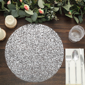 10 Pack | 13" Metallic Silver Sequin Mesh Table Placemats, Round Sparkly Dust Free Sequin Dining Mats