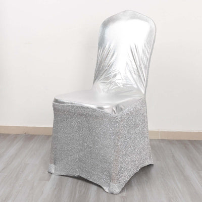 Silver glitter chair cover on a plain backdrop.