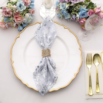 Elegant Sparkly Silver Leaf Vine Embroidered Sequin Tulle Cloth Dinner Napkins