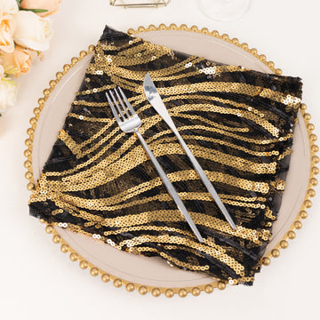 Elevate Your Dining Experience with the Black Gold Wave Embroidered Sequin Mesh Dinner Napkin