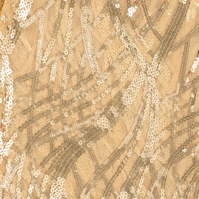Beige fabric with intricate sequin detailing and patterns.