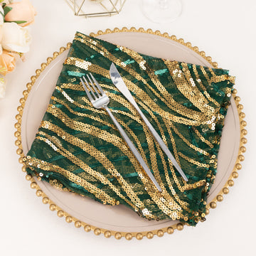 Add a Touch of Opulence with the Hunter Emerald Green Gold Wave Embroidered Sequin Mesh Dinner Napkin