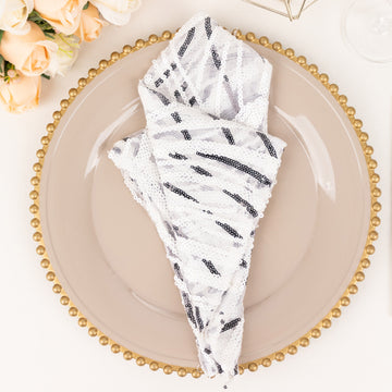 Experience Timeless Indulgence with White and Black Wave Embroidered Sequin Napkins