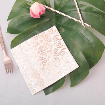 Create Memorable Moments with Metallic Rose Gold Vintage Print Paper Dinner Napkins