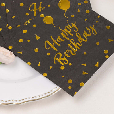 Black and gold birthday cards with balloons and confetti design.