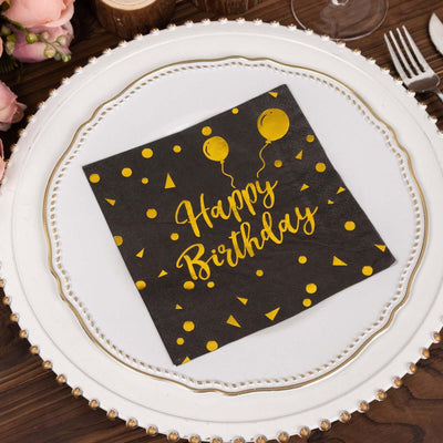 Happy Birthday party napkin with yellow balloons and confetti design.
