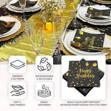 20 Pack Black Gold Happy Birthday Beverage Paper Napkins With Foil Print, Soft 2-Ply Disposable